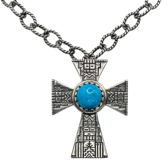 Carolyn Pollack Sterling Silver Round Turquoise Cross Pendant with 26